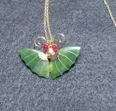 Vintage Jade & Coral Butterfly Pin/Pendant With Chain • $10