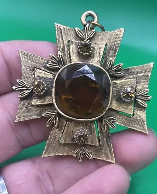 Vintage Gold Tone Amber Color Rhinestone Cross Pendant Only  • $21.24
