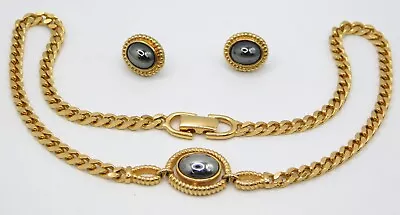 Vintage LOUIS FERAUD COUTURE Heavy Gold + Hematite Necklace Earrings Set • $110