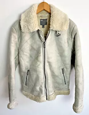 SHEARLING / Sheepskin Look Coat Mens S/M Grey Aviator B-3 Bomber Jacket Flight • £0.99