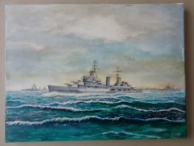 £9.99 • Buy Vintage Oil On Canvas, Royal Navy Ship At Sea