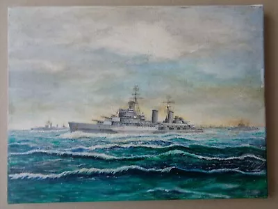 £9.99 • Buy Vintage Oil On Canvas, Royal Navy Ship At Sea