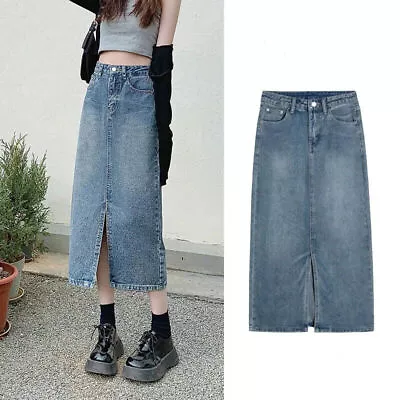 Women's A-Line Mid Waist Denim Long Skirts Split Front Casual Slim Fit Fashion • $28.99