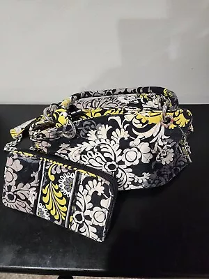 Vera Bradley Paisley Floral Quilted Set Handbag And Wallet BlackWhite& Yellow • $40