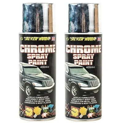 2 X Chrome Effect Silver Spray Paint Mirror Finish Car Metal Cardboard Plastic • £12.29