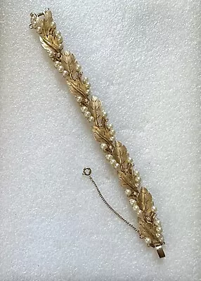 Vintage TRIFARI Bracelet Brush Gold Leaf Design W/ Pearls And Rhinestones • $85