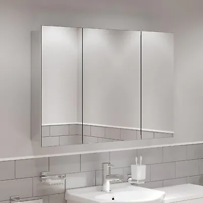 Triple Door Bathroom Mirror Cabinet Cupboard Stainless Steel Wall Mounted 900mm • £119.97