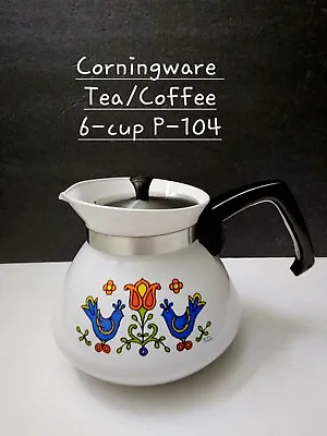 Vintage 1975 Corning Ware 6 Cup COFFEE TEAPOT P-104  COUNTRY FESTIVAL  Bluebirds • $32.50