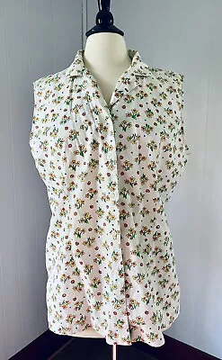 VTG BOBBIE BROOKS Sz L Sleeveless Button Up Blouse White Floral Daffodil Print • $9.99