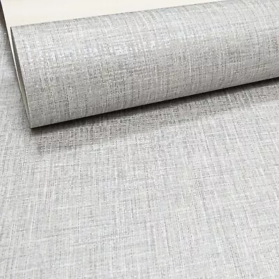 Plain Linen Woven Effect Slightly Textured Plain Light Grey Free Match Wallpaper • £8.99