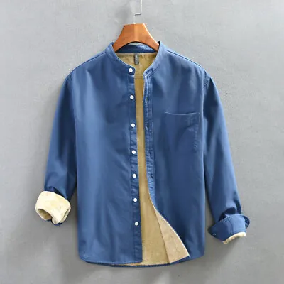 Men Mandarin- Collar Warm Lined Oxford Shirt Slim Long Sleeve Casual Blouse Tops • $40.47