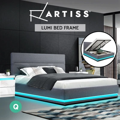$406.67 • Buy Artiss RGB LED Bed Frame Queen Size Gas Lift Base With Storage Grey Fabric LUMI