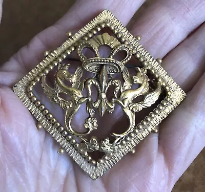 Vintage Florenza Brooch Gold Tone Dragons Fleur-de-Lis • $19.99