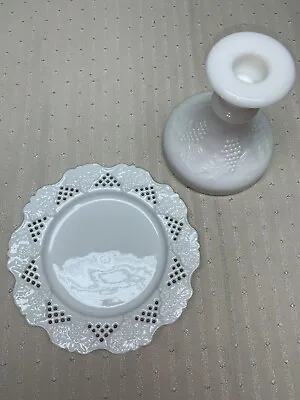 Vintage Milk Glass Candle Holder And Dish Grapes And Leaves Pattern Reticulated  • $11.90
