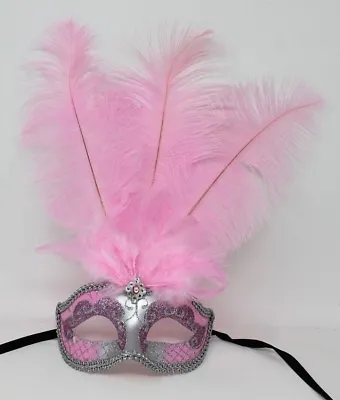 Feather Mask  Baby Pink & Silver Venetian Carnival Masquerade Ball Eye Party  • £12.95