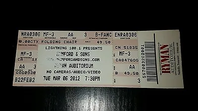 MUMFORD & SONS 2012 Ryman Auditorium NASHVILLE Used Ticket Not Poster Or Hatch • $20