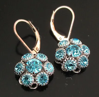 Vintage Aquamarine Crystal Drop Leverback Earrings Round Floral Blue Dangle 925 • $15