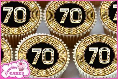 70th Birthday Age 70 Black & Gold Edible Cupcake Toppers Decorations 8406 • £2.99