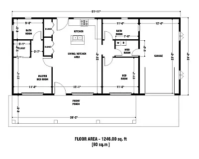 52' X 39' 9   Custom Modern House Plan - 2 BR 2 Bath + Free CAD File Included • $29.99