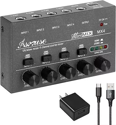 Asmuse 4 Channel Audio Mixer Low-Noise Mini Stereo Line Mixer DC 5V Power Supply • $23.99