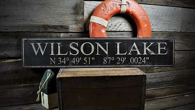 Custom Lake Latitude & Longitude Sign - Rustic Hand Made Vintage Wood • $54