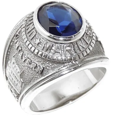 Mens 316 Stainless Steel Blue Sapphire CZ Marine / Military Wide Band Ring • $17.88