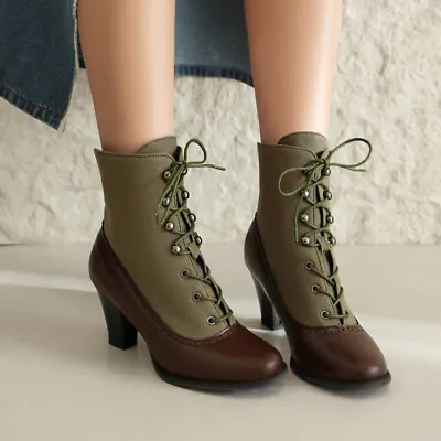 Women Steampunk Lace Up Block Heel Rustic Shoes Victorian Ankle Leather Boots • $53.64