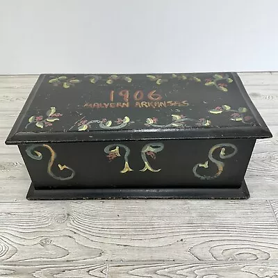 Antique Folk Art Hand Painted Rustic Black Wood Box From Malvern Arkansas /cb • $125