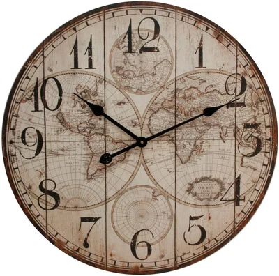 £39.99 • Buy Large Round Wall Clock Wooden Panel Vintage World Map Pattern 60cm Arabic Dial