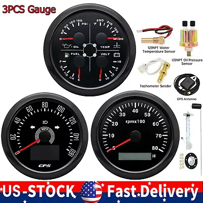 3 Gauge Set With Sensor 85mm GPS Speedometer Tacho & 4in1 Multifunction Gauge US • $160.56