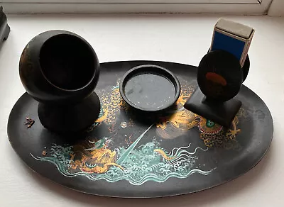 £95 • Buy Vintage Oriental Art Deco Lacquered Smoking Set Dressing Table Set Tray Dragons