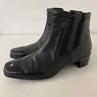 Padders Black Leather Boots Mid Calf Low Heel Square Toe Size 6 39 • £16