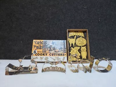 VINTAGE 1960's MINT IN BOX HALLOWEEN TRICK OR TREAT 6 METAL COOKY CUTTERS • $15