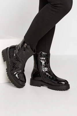 Yours Curve Plus Size Croc Patent Side Zip Boots • £44.99