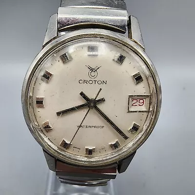 VTG Croton Watch Men 32mm White Dial Silver Tone Date Manual Wind PARTS • $19.99