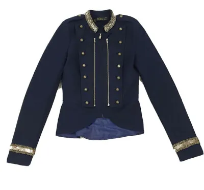 Zara Woman Navy Blazer Jacket M Military Sequin Bronze Button Blogger Coat 10-12 • $49.25