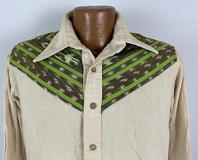 Vintage 60s 70s Shirt Language Hippie Bohemian Men Large Ikat Trim Cotton FLAW • $27.74