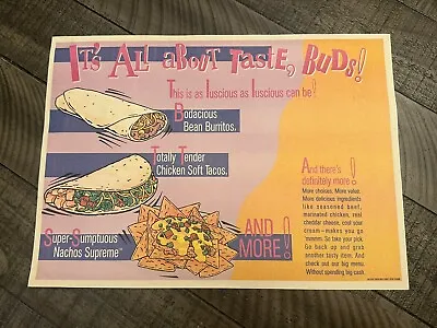 Vintage Authentic Taco Bell Tray Paper 1992 “Its All About Taste Buds!” • $14.95