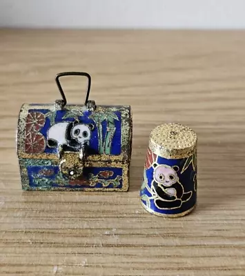 Thimble & Box Chest Cloisonné Metal Trinket Enamel Panda Bear Gold Tone Sewing • £18