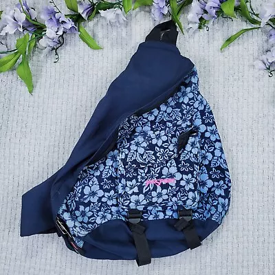 Jansport Vintage Blue Corduroy Hawaiian Hibiscus Floral Sling Backpack • $49.95