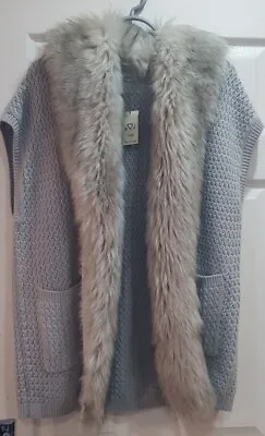 Miss Selfridge Stone Colour/light Grey Wool Long Waistcoat With Fur Trim Size 14 • £16