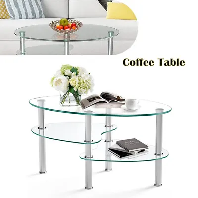 3-Tier Tempered Glass Oval Side Coffee Table Shelf Chrome Base Living Room Home • $71.99
