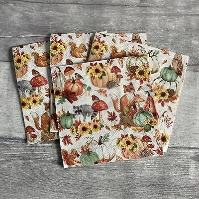 4 Paper Cocktail Napkins For  Decoupage Autumn Woodland Animal Print • £1.50