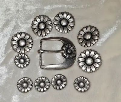 Set   10  Silver Metal Flower Buttons And   Matching Buckle  15mm  + 23mm • £5.50