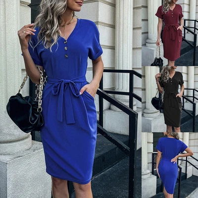 £14.79 • Buy Womens V Neck Bodycon Shirt Dress Ladies OL Work Buttons Waist Belt Mini Dresses