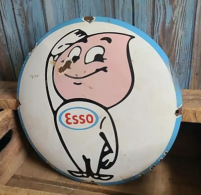 Vintage ESSO Happy Oil Drop Man Gas Pump Plate Porcelain Metal Dome Sign • $9.95