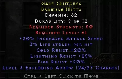 D2r Rare Gloves Tri Res Gloves 20ias 3ll 20cr 25lr 20fr--non Ladder Sc • $15