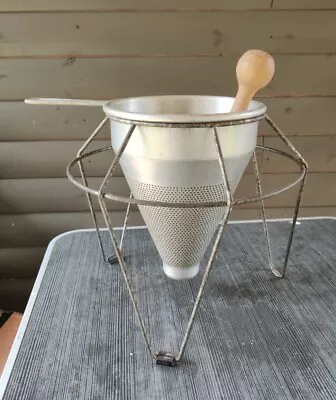 Vintage Aluminum Sieve/Strainer With Wooden Pestle & 3 Legged Metal Stand • $15