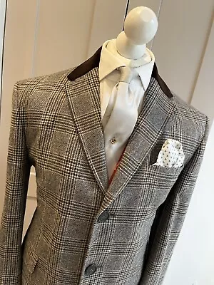 NWOT Mens Holland Esq Grey Check Wool Covert Coat L 40 42 Tweed Tartan Country • £49.99