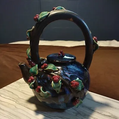 Majolica Cobalt Blue Teapot Berries Leaves Glaze Pottery  Vintage • $34.99